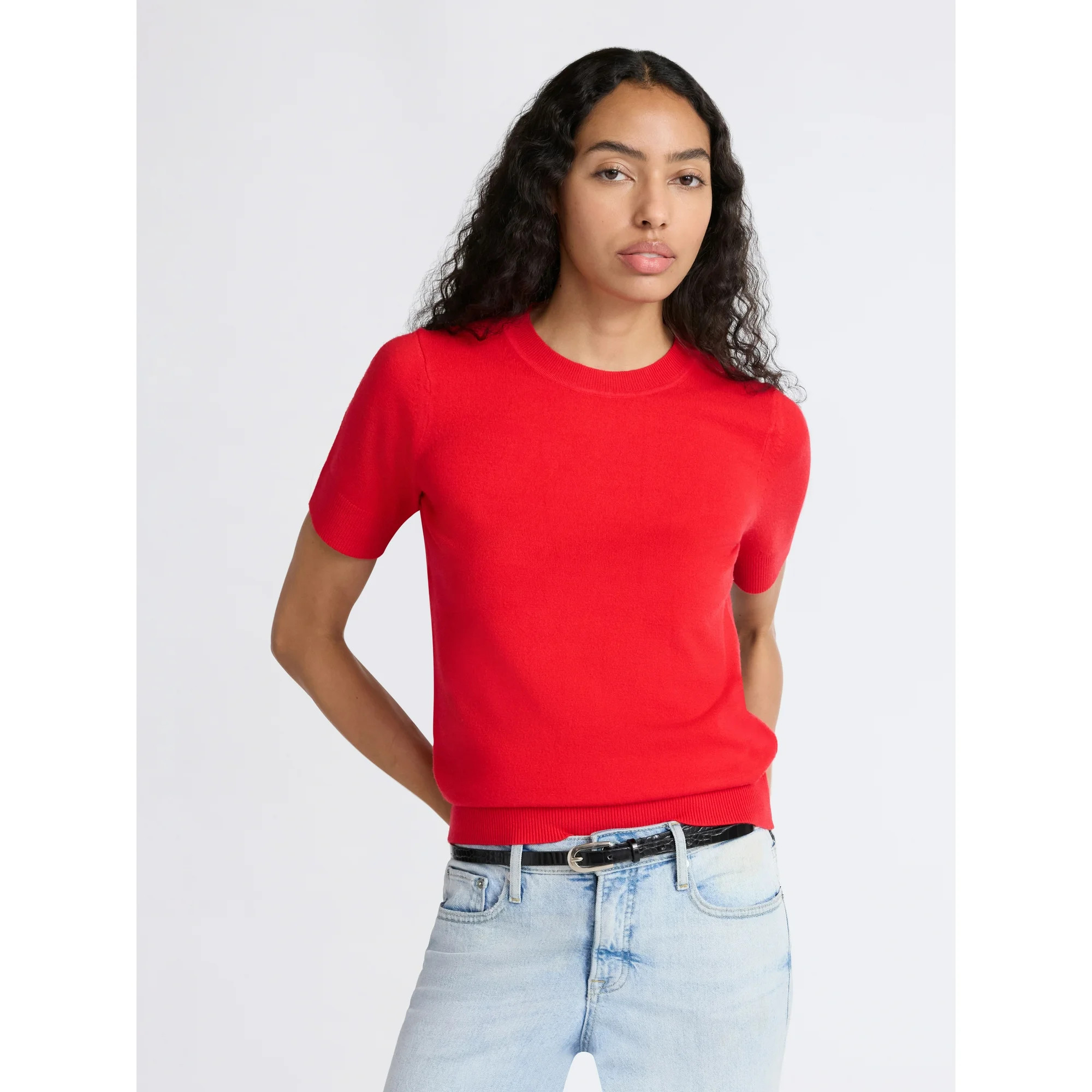 Free Assembly Women's and Women's Plus Cozy Yarn Shrunken Sweater Tee with Short Sleeves, Lightwe... | Walmart (US)