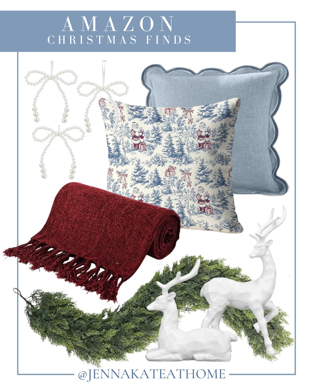 Christmas finds include throw pillows, throw blanket, bow ornaments, garland, and reindeer.

Holiday decor, Christmas decor, coastal Christmas 

#LTKHoliday #LTKSeasonal #LTKFindsUnder100