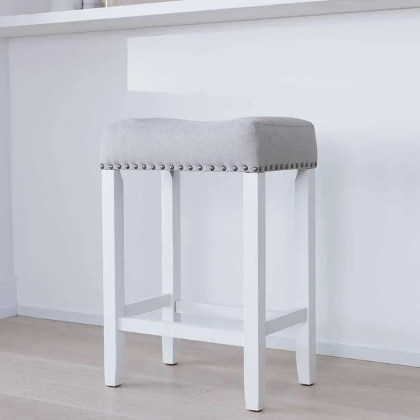 Nathan James Hylie Wood Kitchen Counter Stool, 24" Gray Upholstered Fabric Cushion, White Finish | Walmart (US)