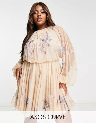 ASOS EDITION Curve floral embroidered mesh mini dress with blouson sleeve in pale pink | ASOS (Global)