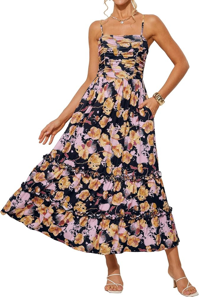 GRACE KARIN 2025 Women's Summer Floral Maxi Dress Casual Sleeveless Ruffle Tiered Wedding Guest F... | Amazon (US)