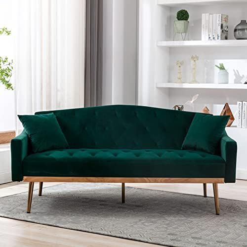 Convertible Velvet Futon Sofa Couch with Two Pillows, Modern Loveseat Sleeper Sofa Bed with Rose Gol | Amazon (US)