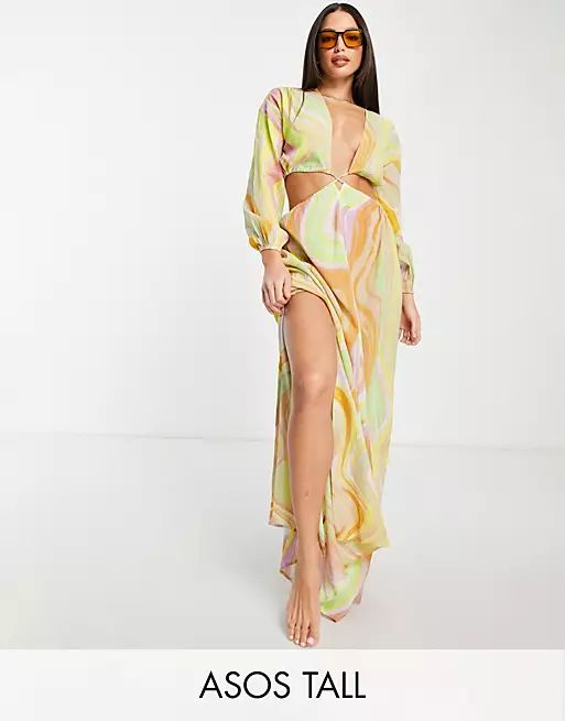 ASOS DESIGN Tall cut out lattice waist maxi beach dress in swirl print | ASOS (Global)