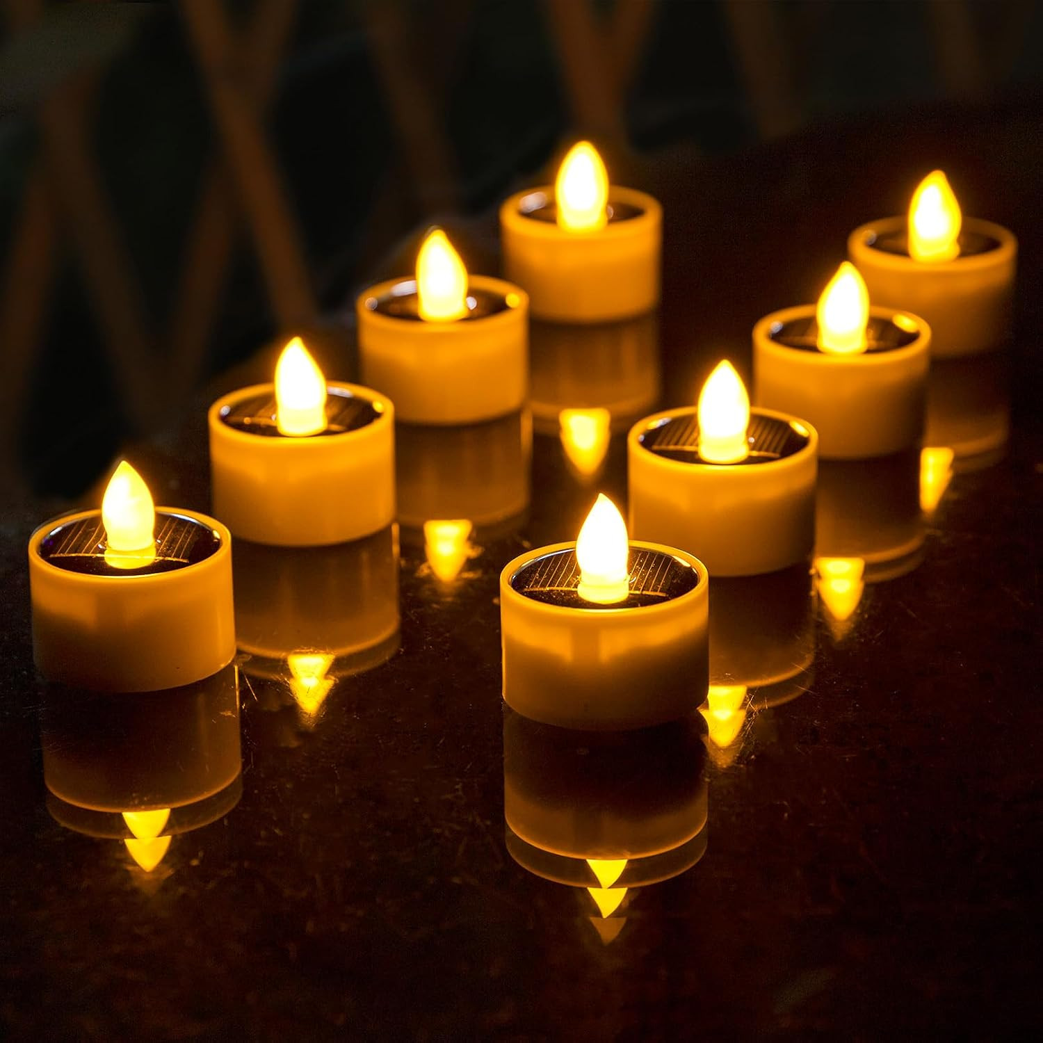 Solar Tea Lights Outdoor Waterproof, 8pcs Rechargeable Dusk to Dawn Little Solar Votive Candles, Flameless Flickering Small Light for Lantern Window DIY Chandelier Patio Deck Garden Decor (Warm Amber) | Amazon (US)