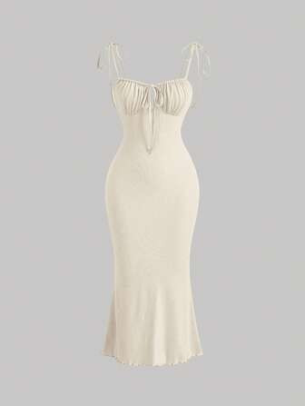 SHEIN MOD Binding aan de voorkant Buste met ruches Knoopschouder Slatrimmen Zomer Cami Lang Jurke... | SHEIN