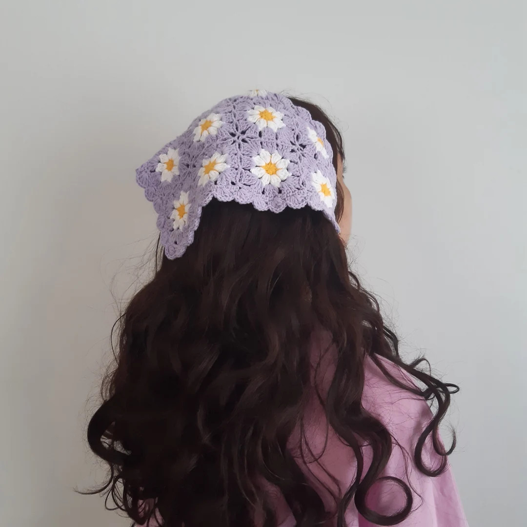 Lilac Crochet Daisy Hair Scarf: Cotton Handmade Bandana, Cottage Core | Etsy (Global)