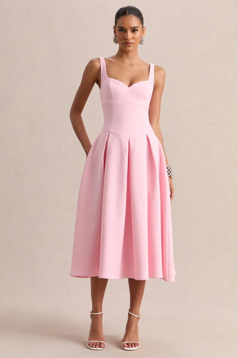 Greta | Light Pink Sweetheart-Neck Midi Dress | Club L London