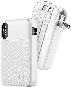 RORRY Portable Charger Built in Cables, AC Wall Plug In Portable Charger Power Bank 10000mAh Trav... | Amazon (US)