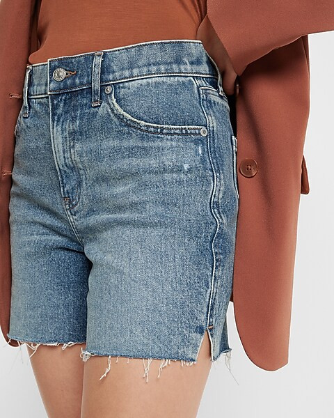 High Waisted Medium Wash Raw Hem Midi  Jean Shorts | Express