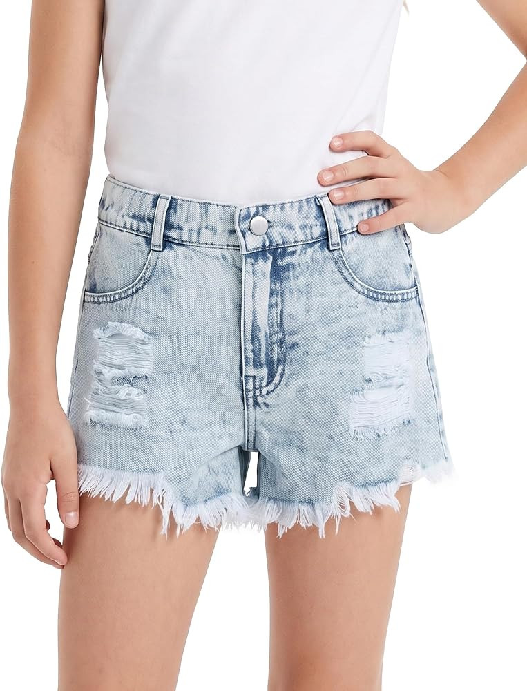 Girls Ripped Jean Shorts Elastic Mid Waist Denim Shorts | Amazon (US)