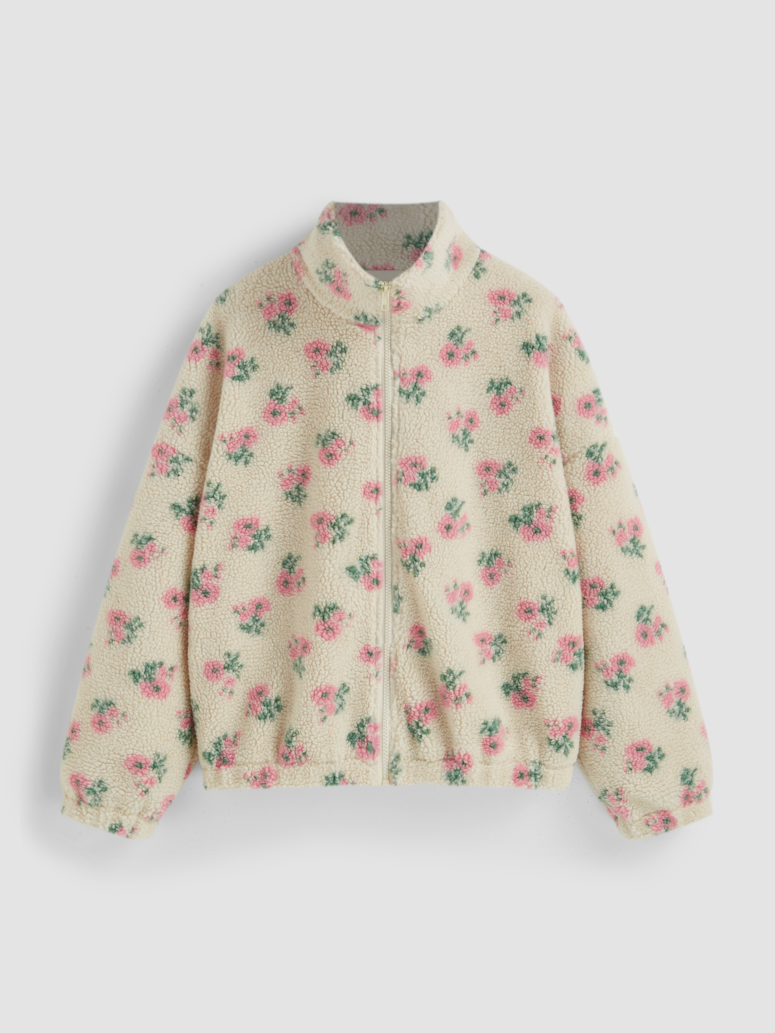 Knit Fabric Fleece Stand Collar Floral Zipper Jacket For Daily Casual | Cider