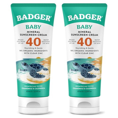 Badger Mineral Baby Sunscreen Cream SPF 40, 98% Organic Toddler Sunscreen with Zinc Oxide, Broad Spectrum, Reef Safe, Water Resistant, Pediatrician Tested Baby Sunblock, 2.9 fl oz, 2-Pack | Amazon (US)