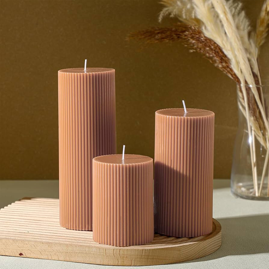 Ribbed Pillar Candles Set of 3, Width 3" High 4" 6" 8" Large Soy Wax Scented Pillar Candles Aesth... | Amazon (US)