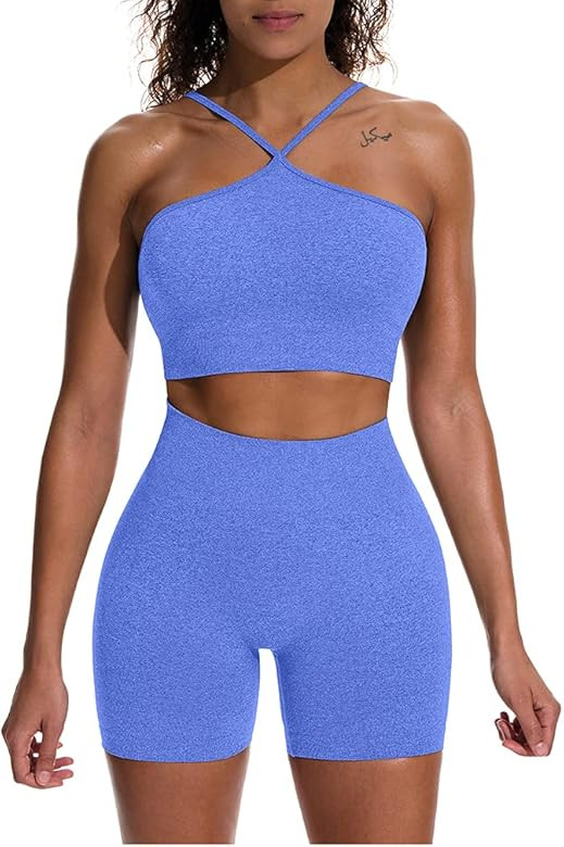 HYZ Women's Workout 2 Piece Outfits High Waist Running Shorts Seamless Gym Yoga Crop Top Bra Sets | Amazon (US)