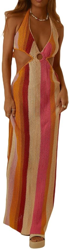 Fabumily Sexy Knit Bodycon Dress for Women Sleeveless Spaghetti Strap Cut Out Maxi Dress Backless... | Amazon (US)