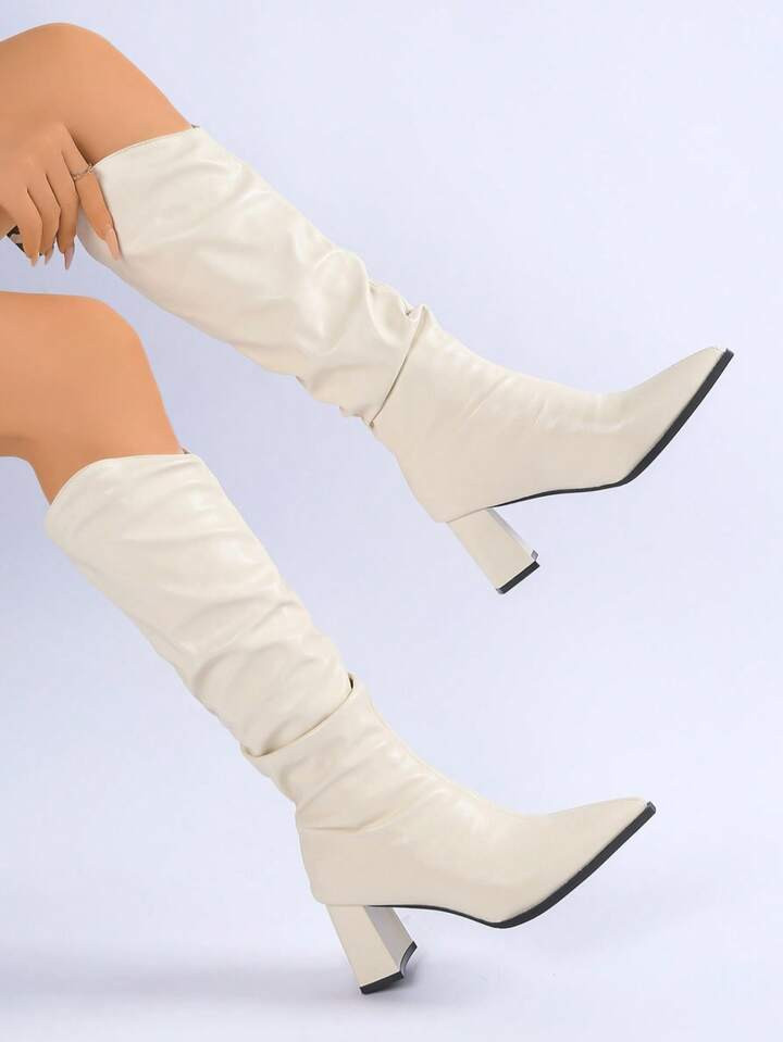 2025 Outono/Inverno Nova Moda Bota Montaria De Salto Grosso Bico Fino, Bota Cano Alto Ajustada Para Mulheres, Botas Brancas | SHEIN