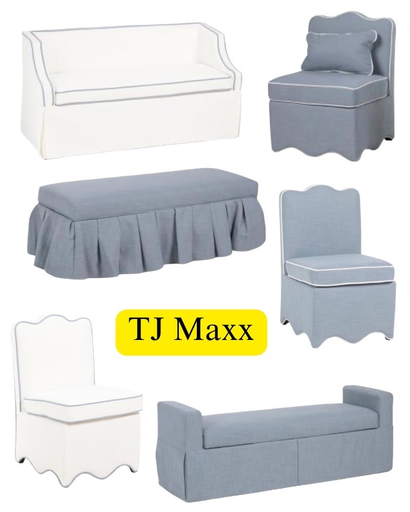 Lillian August, on sale at TJ Maxx, storage bench, pleaded, skirted, Blue, Wight, chair, dining room, kitchen, living room, office, entry, French, modern, coastal.

#LTKSaleAlert #LTKHome