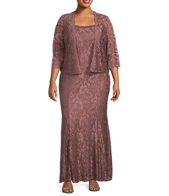 Plus Size Embroidered Stretch Floral Lace Square Neck 3/4 Sleeve 2-Piece Jacket Dress | Dillard's