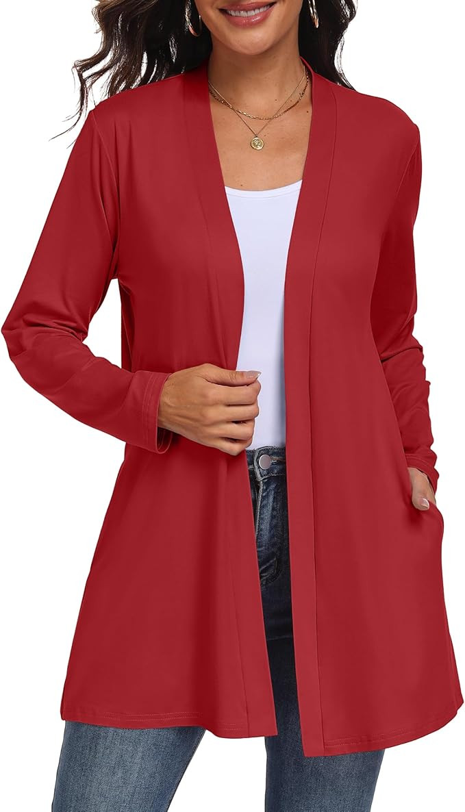 QIXING Womens Casual Lightweight Cardigan with Pocketes Long Sleeve Open Front Cardigan | Amazon (US)