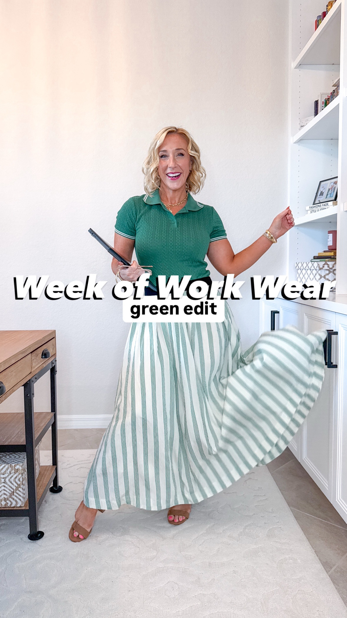 Week of Work Wear (green edition 💚🍀
1. MONDAY: striped maxi shirt dress - size XS. 
2. TUESDAY: green pleated top - size small // blue yoga work pants - size small (29” inseam) // jean jacket - linking similar. 
3. WEDNESDAY: green polo - size small // striped skirt - size small. 
4. THURSDAY: green flowy pants - size small // white t-shirt - size small // jean jacket - linking similar. 
5. FRIDAY: striped mini shirt dress - size small // jean jacket - linking similar // sneakers - tts.
• set from beginning - size small  


#LTKWatchNow #LTKWorkwear #LTKSeasonal

#LTKSeasonal #LTKWatchNow #LTKWorkwear