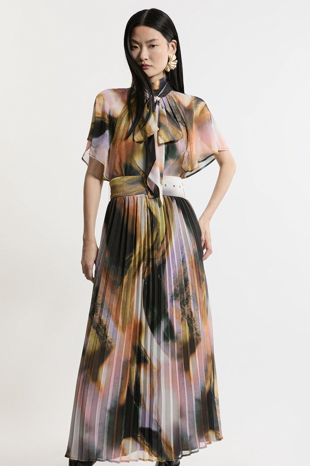 Abstract Pussy Bow Tie Georgette Belted Woven Midi Dress | Karen Millen US