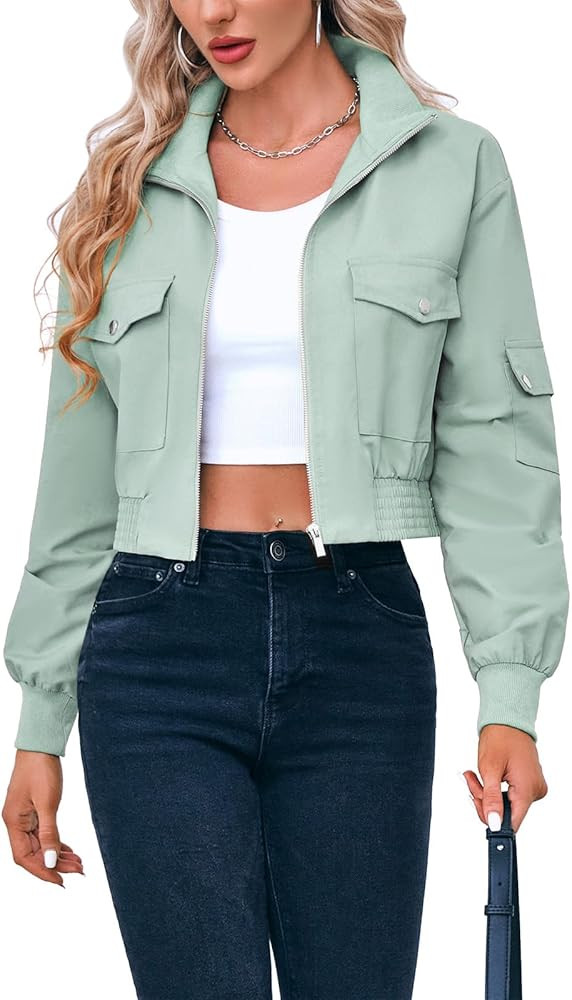 Fisoew Women's Cropped Bomber Jackets Lightweight Zip Up Stand Collar Long Sleeve Short Jacket wi... | Amazon (US)