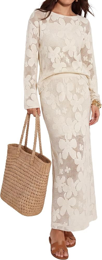 Glamaker Womens Crochet Cover Up 2 Piece Skirt Set Summer Long Sleeve Floral Midi Skirt Sets Trav... | Amazon (US)