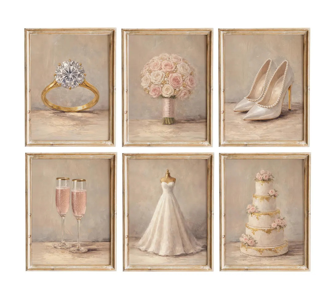Bridal Wall Art Set of 6 | Wedding Cake Diamond Ring Print | Bridal Suite Decor Digital Download | Etsy (US)