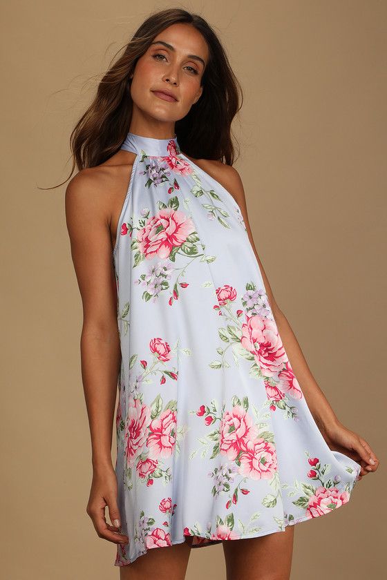 Get a Bloom Light Blue Floral Print Satin Halter Mini Dress | Lulus (US)