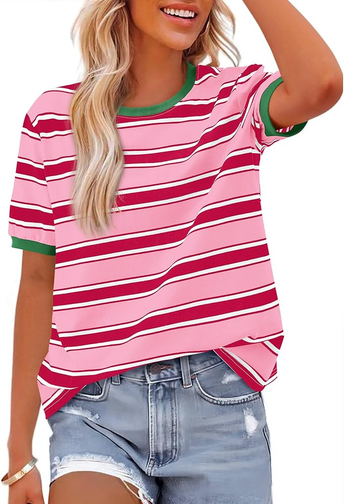 BTFBM Summer Tops for Women 2026 Crewneck Short Sleeve Striped T Shirts Casual Spring Clothes Col... | Amazon (US)