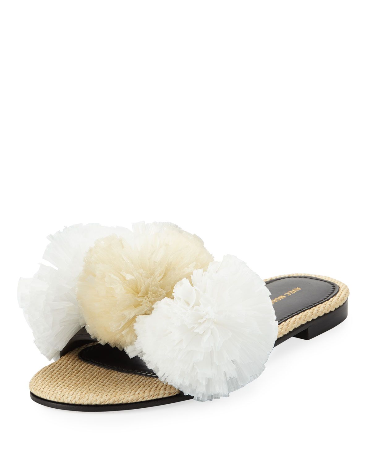 Bora Bora Raffia Pompom Slide Sandals, White | Bergdorf Goodman