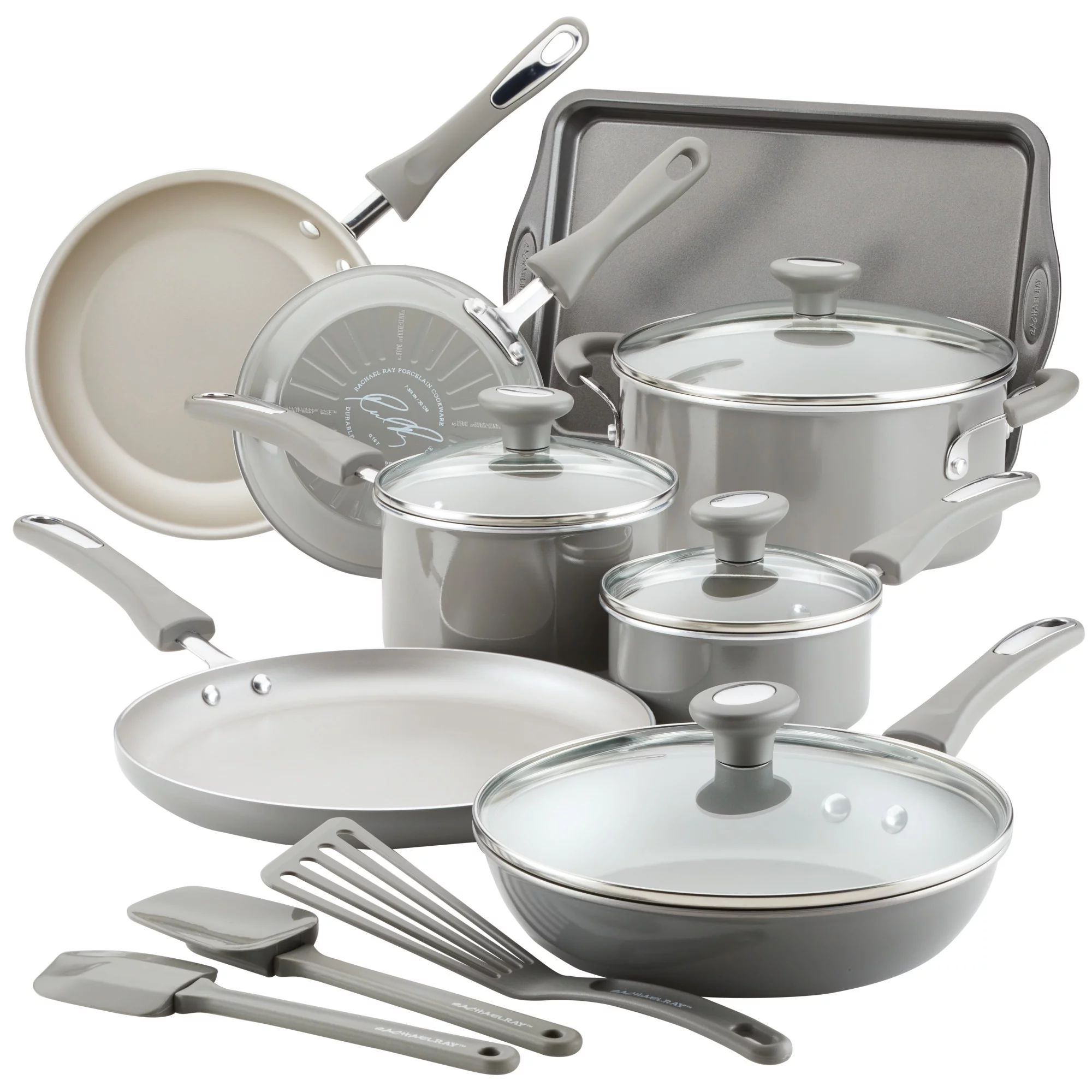 Rachael Ray 15-Piece Get Cooking! Aluminum Nonstick Pots and Pans Set/Cookware Set, Gray | Walmart (US)