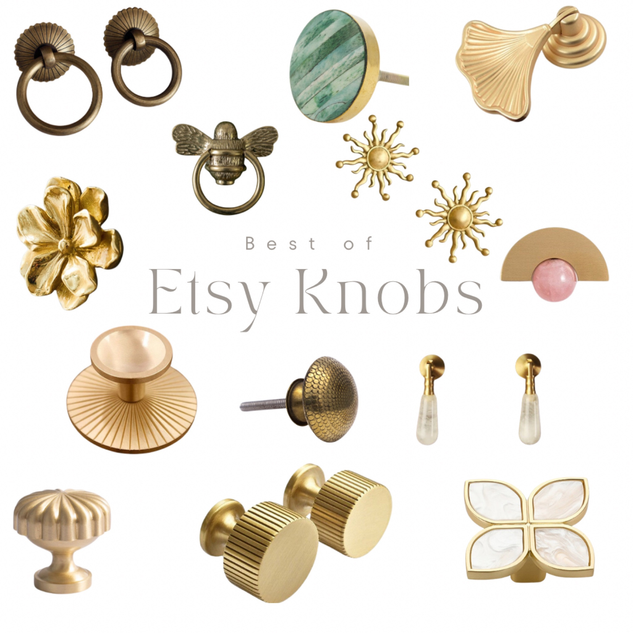 Here's another curated selection, this time featuring some of the best knobs available on Etsy. The collection showcases a wide range of designs, from classic to contemporary, with various materials and finishes like brass, gold, marble, and even glass. Each knob is unique, with intricate details like floral patterns, sunburst designs, and even a whimsical bee. These knobs are perfect for adding a touch of personality and elegance to any furniture or cabinetry, making them standout pieces for home decor.