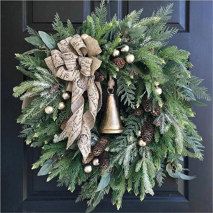 Evergreen Wreath with Gold Bell - Large Farmhouse Wreaths for Front Door Christmas Wreath Decorat... | Amazon (US)