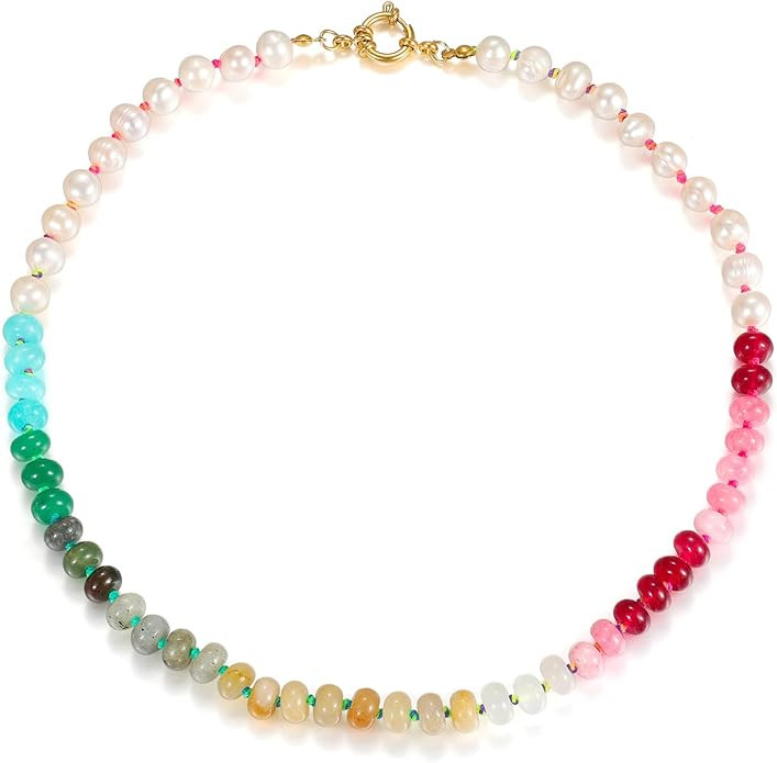 Beaded Gemstone Necklace for Women, Colorful Boho Bead Choker Necklace Natural Stone Freshwater P... | Amazon (US)