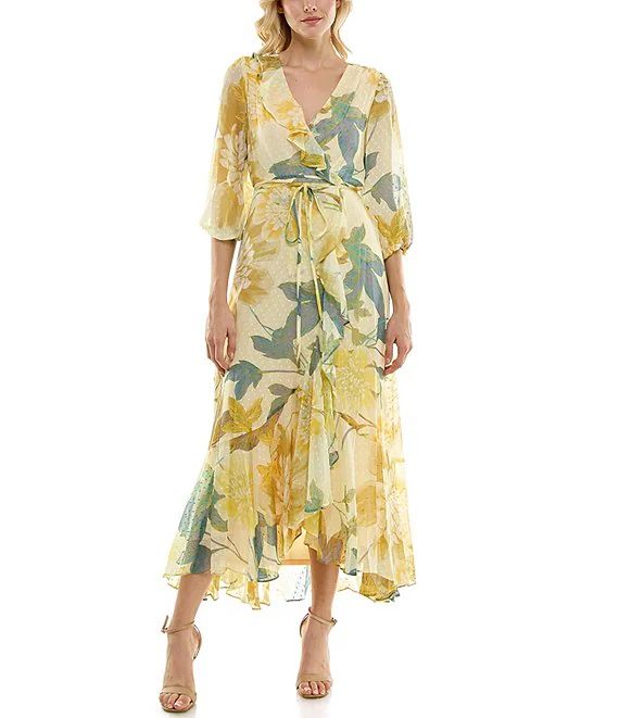 Maison Tara3/4 Sleeve V-Neck Floral Chiffon Faux Wrap Maxi Dress | Dillard's