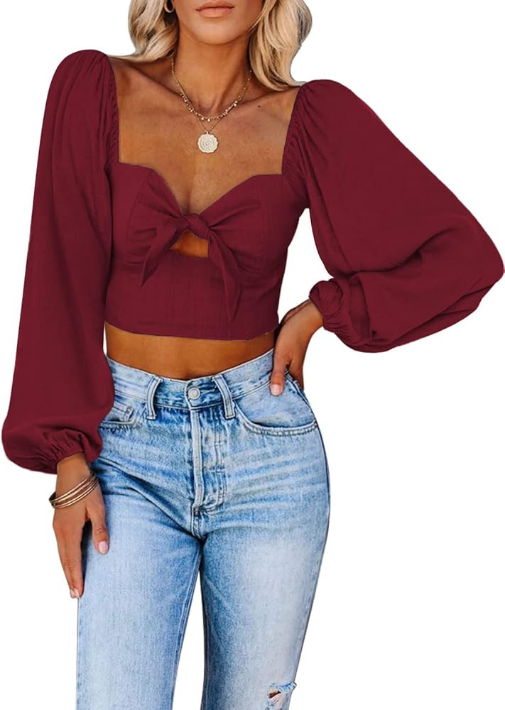 Kikula Women's Off The Shoulder Tops Sexy Tie Front Short Puff Sleeve Crop Top Blouse | Amazon (US)