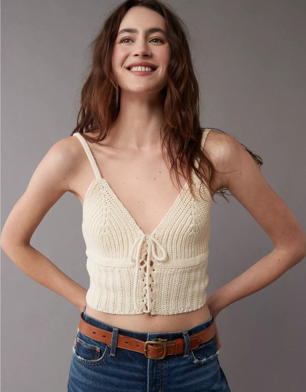 AE Cropped V-Neck Crochet Tank Top | American Eagle Outfitters (US & CA)