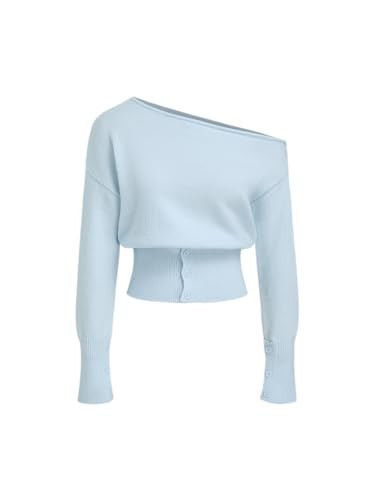 CIDER Off The Shoulder Sweaters for Women Cute Long Sleeve One Shoulder Fall Outfits Knit Pullover Sweater Tops Trendy Sky Blue | Amazon (US)