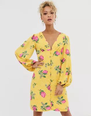 Never Fully Dressed button through mini dress with blouson sleeve in multi floral print | ASOS (Global)