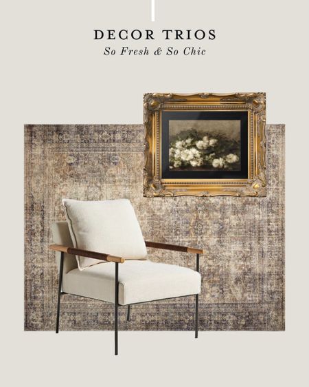 Transitional neutral decor for a cozy corner.
-
Amber Lewis Loloi Morgan rug - linen armchair- vintage floral oil painting - antique gold frame - etsy frames - printable digital art - affordable art - affordable home decor 

#LTKhome #LTKunder50