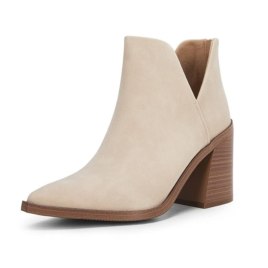 Kathemoi Womens Slip on Ankle Boots V Cutout Pointed Toe Chunky Stacked Mid Heel Booties | Amazon (US)