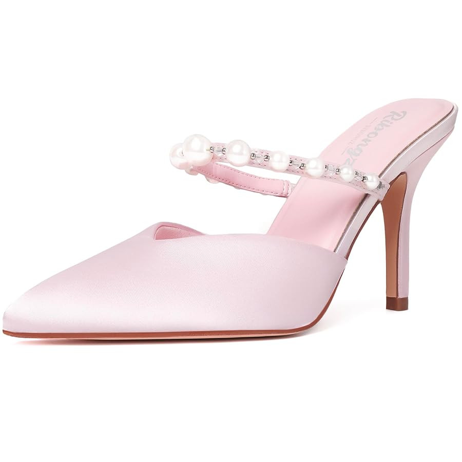 RIBONGZ Slip On Stiletto High Heels for Women Closed Pointed Toe Mule Kitten Herls with Pearl Str... | Amazon (US)