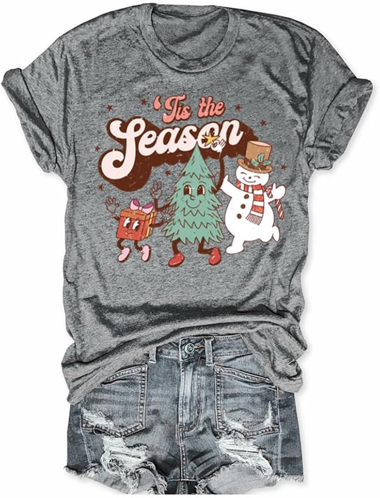 Tis The Season Shirts for Women Christmas Shirt Cute Snowman Christmas Tree Cakes Graphic Tees Wi... | Amazon (US)