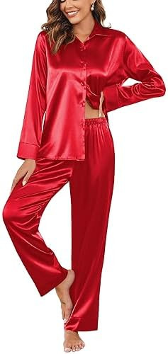 Ekouaer Women Satin Silk Pajamas Classic Long Sleeve Button Down Pjs Set Soft Loungewear | Amazon (US)
