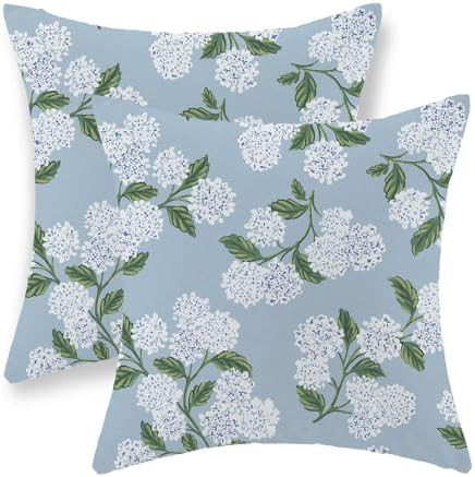 Hydrangea Floral Pillow Covers 18x18 Set of 2 Spring Summer Baby Blue Green Floral Pillow Cases V... | Amazon (US)