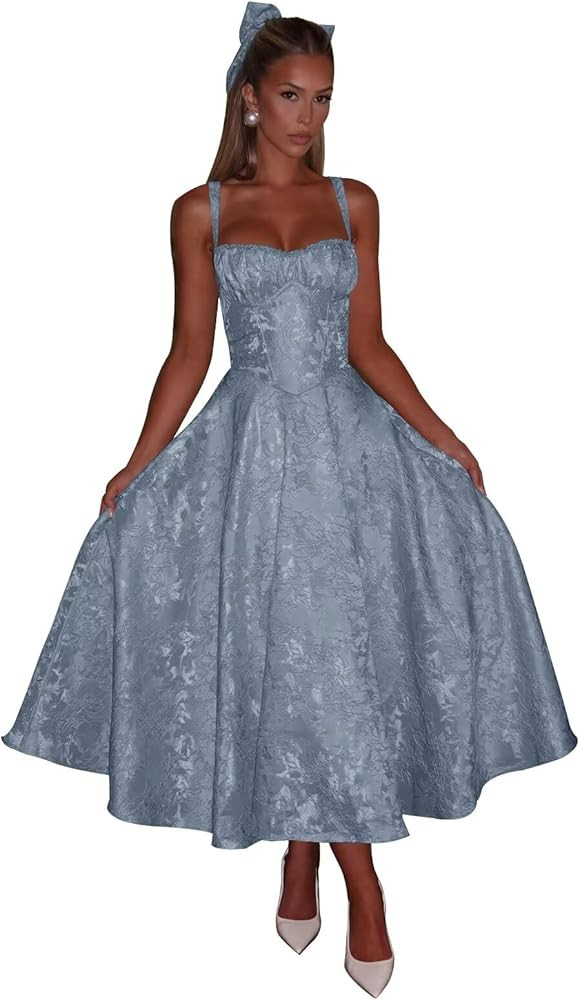Tea Length Satin Jacquard Prom Dresses Floral Corset Midi Sweetheart Formal Evening Party Gowns | Amazon (US)
