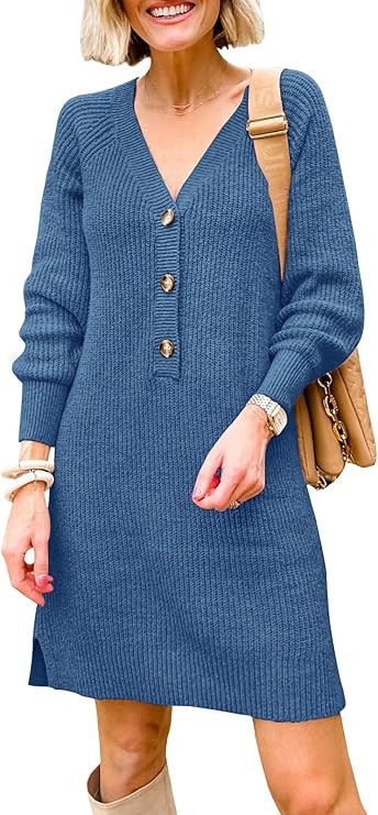 MIROL V-Neck Button Down Sweater Dress Long Sleeve Solid Knitted Pullover Sweatshirt Casual Dresses | Amazon (US)