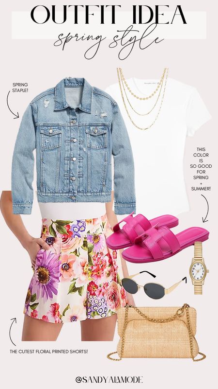 Elevated casual spring outfit | floral shorts | denim jacket | designer inspired sandals | Amazon pink sandals | gold layered necklace | colorful spring style | affordable spring style 

#LTKfindsunder100 #LTKstyletip #LTKSeasonal