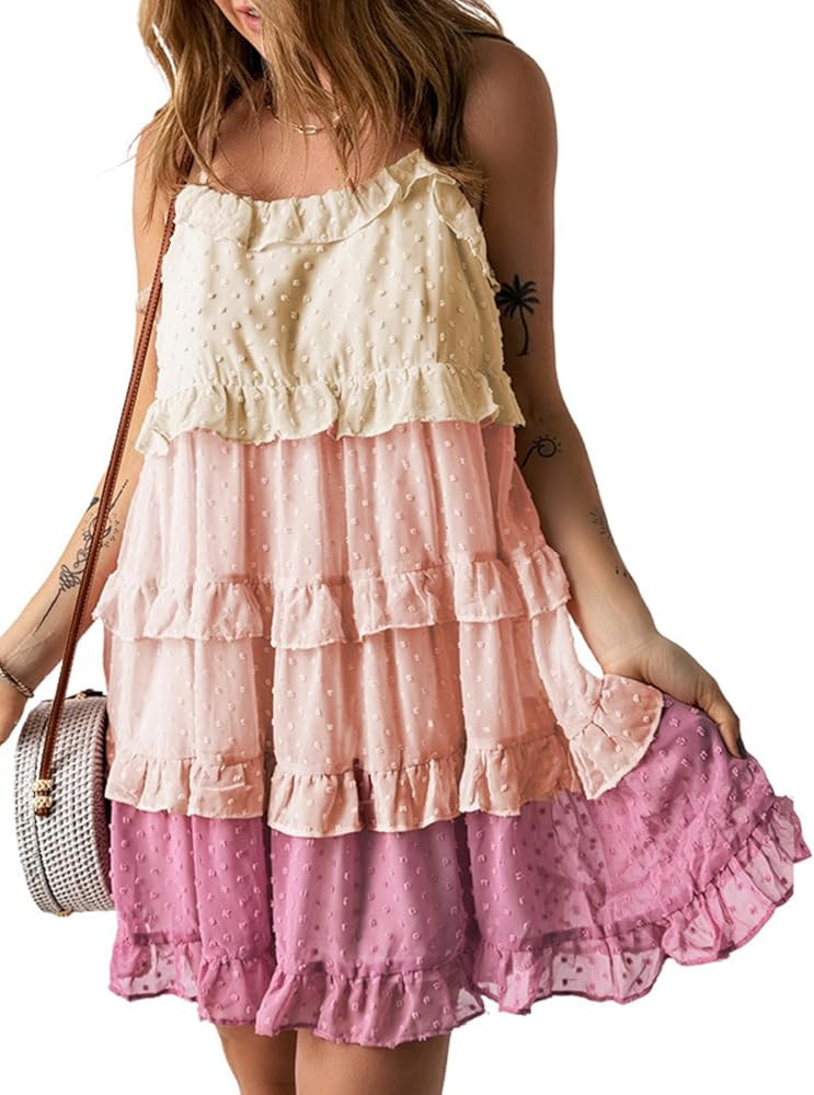 Women's Summer Casual Spaghetti Strap Dress Color Block Swiss Dot Flowy Tiered Ruffle Babydoll Mi... | Amazon (US)
